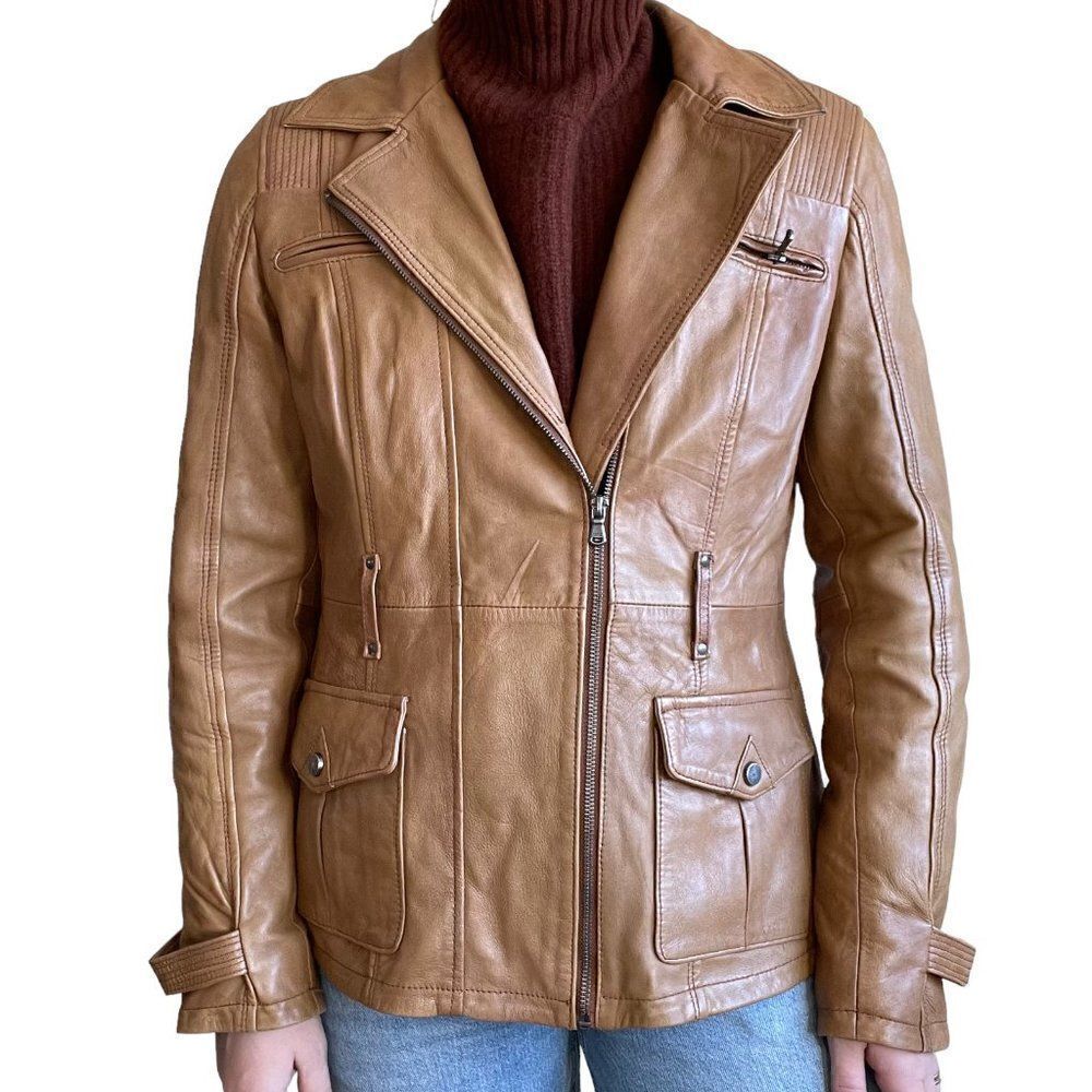 Wilsons Leather Womens Brown 100% Leather Biker Moto Zip Jacket Sz M